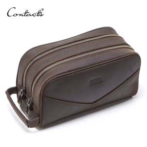 CONTACTS Genuine Leather Cosmetic Bag for Men Makeup Bags Small Travel Bags Male Toiletry Bag