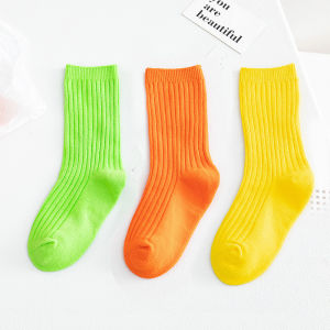cutyome | 3Pairs Spring Summer Socks For Boys Solid Fluorescent Mid-Calf Neo Colors Socks On Girls Soft Cotton Students Socks Candy Colors