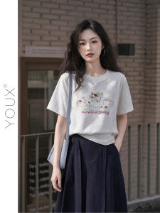 YOUXIANG | Áo Thun Nữ Form Rộng Thêu Hoa Văn Màu Xám Nhẹ Nhàng