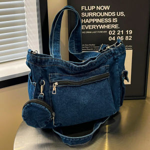 Fashionable Large Capacity Denim Tote Bag 2024 New Autumn Commuter Womens Bag Student Casual Handbag Soft Zipper Closure