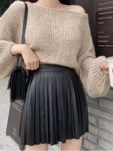 Black PU Leather Pleated Mini Skirt Womens High Waist Slimming Design Autumn Winter New Style Commute Korean Style Short Skirt