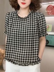 SUOXIMENG | Loose Fit Black Plaid Ruffle Collar Top Women Casual Style Spring Autumn Plus Size Slimming Long Sleeve Round Neck Shirt