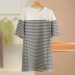 XKing Casual Striped Loose Fit Overhead Dress Elastic Cotton Blend Mid-Length Skirt for Summer Season Womens Fashion