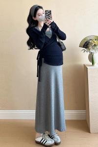 Maternity Dress Autumn Fashion Two-Piece Set Long Skirt High Waist Korean Style Commute Suitable All Seasons Long Sleeve round Neck