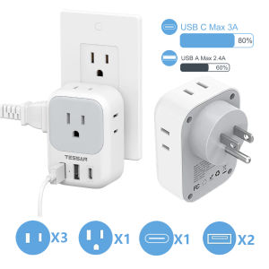 USB C Adapter Outlet Extender with 3 Strong Plug, 1 USB C Port, and 4-Outlet Splitter - Essential Power Stations for Home, Office, and Travel - TESSAN