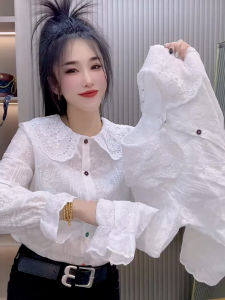 เสื้อเชิ้ตผู้หญิงแขนยาวปานกลางคอปกเด็กสไตล์ฝรั่งเศส ดีไซน์เก๋ไก๋ ทรงหลวม สไตล์เกาหลี ผ้าฝ้ายผสมโพลีเอสเตอร์