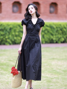 Summer V-neck Retro Hepburn Style Little Black Dress Elegant Slimming French Tea Break Black Dress Womens New Style Midi Skirt Short Sleeve Polyester Fiber