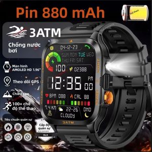 Đồng Hồ Thông Minh Thể Thao Ngoài Trời Nam 2025 Màn Hình HD 1.96 Inch Đèn LED Chống Nước Pin 800mAh Theo Dõi Nhịp Tim Gọi Bluetooth Tương Thích Với Android/iOS