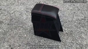 Custom Made Kereta Armrest Leather Wood Car Armrest Letak Tangan PVC Red Line Korean Wine Series - For Perodua Bezza - Luxury Retrofit Table Central Armrest with Padded Vinyl Cover and Coin Compartment