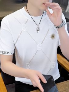 HENGYUANXIANG | เสื้อยืดคอกลมแขนสั้นถักสำหรับผู้ชาย ทรงบาง ผ้าไหมน้ำแข็ง แฟชั่นฤดูร้อน เสื้อตัวบน แบรนด์ Hengyuanxiang