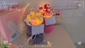 Puff Bucket Valentines Day Bouquet with Woolen Flowers DIY Handmade Woven Flowers Knitted Flowers As A Christmas Gift