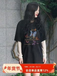 Summer Cotton T-Shirt Womens Loose Short Sleeve Retro American Butterfly Print Comfortable Korean Style Fashionable Top