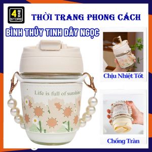 Bình Nước Thủy Tinh Có Bao Da Hoa Tulip Kèm Ống Hút Silicon Và Quai Xách Dây Ngọc 350ML - Cốc Nước Ly Thủy Tinh Chịu Nhiệt Cao Cấp - Chai Đựng Nước