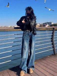 กางเกงยีนส์ทรงหลวมเอวสูงสไตล์ย้อนยุคสำหรับผู้หญิง ฤดูใบไม้ผลิและฤดูใบไม้ร่วง กางเกงขายาวทรงตรงทรงหลวมสำหรับผู้หญิงไซส์ใหญ่