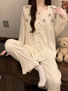Sweet Cartoon KT Cat Womens Sleepwear Long Sleeve Cloud Cotton Home Clothes with Chest Pad Spring Autumn New Style 2025