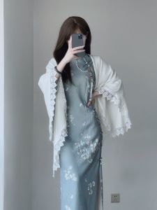 Elegant Daily Wear Qipao Midi Slim Fit with Large Sleeves Traditional Chinese Cheongsam Dress for Women Polyester Fiber