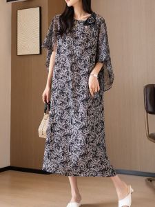 Floral Print Chiffon Midi Dress Womens Summer 2025 New High Waist Slimming plus Size Meat Covering Elegant A-Line Dress
