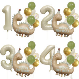 Retro Matte Caramel Colored Dinosaur Aluminum Film Number Balloon Set Happy Birthday Party Decoration Kids Background Photo Prop