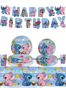 1/10/20pcs Disney Blue Lilo&Stitch Birthday Party Tableware Set With Balloons Backdrop Tablecloth Plates Napkins For Showr