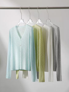 Summer Thin Long Sleeve V-Neck Linen Sun Protection Knitted Cardigan Womens Outerwear Ice Silk Air Conditioner Shirt Coat Top