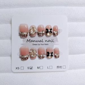 เล็บปลอมฝังในแบบสวมสำหรับฤดูใบไม้ร่วง/ฤดูหนาว ความยาวสั้น สไตล์ฝรั่งเศส สไตล์แมวตาเหลือง ติดทนนาน ความยาวปกติ