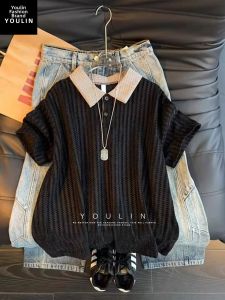 YOULIN | Fishbone Patterned Faux Two-Piece Heavyweight Houndstooth Spliced Men T-Shirt