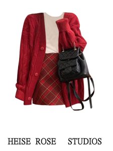 Christmas Atmosphere Red Knitted Sweater Coat Womens Autumn Winter New Plaid Woolen Mini Skirt Two-Piece Set Fashionable Ensemble