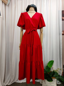 Spring Summer Candy Colored V Neck Short Sleeve Dress with Belt And Pleated Skirt High Waist a Line Long Dress Street Style
