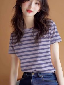 Retro Hong Kong Style Pure Cotton Short Sleeve Womens T-shirt Summer 2024 Slim Fit round Neck Striped Top Fashionable Unique