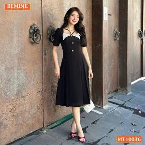 Đầm thiết kế BEMINE cổ vuông kiểu phối trắng dáng chữ A đính nút phù hợp đi làm đi chơi và đi tiệc-MT10036