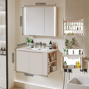 SSWW | Bộ Tủ Lavabo Phòng Tắm Màu Kem Trắng Gương Thông Minh Tủ Phụ Điều Chỉnh Được