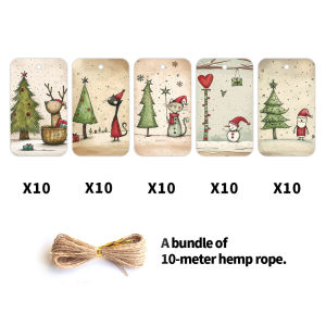 50pcs Pcs Vintage Christmas Gift Tags with String Paper Hanging Labels for Xmas Tree Decorations New Year Party Favors & DIY