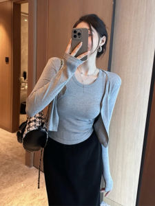 Womens Knitted Cardigan T-shirt Set Short Fit Korean Style Commute Pure Color Spring Autumn New Arrival Small Size