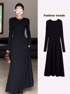 Elegant Black Long Sleeve A-Line Dress Womens Spring Autumn Hepburn Style Slimming Waist Cinched Cotton Blend Casual Dress