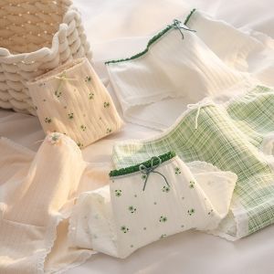 5 Piece/pack Womens Japanese Style Briefs Fresh Green Floral Print 100% Cotton Crotch Mid Waist Hip Coverage Student Triangle Panties