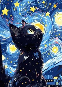 Bandai | Oil Painting by Number Kit Starry Night Cat Starry Sky Graffiti Art Cute Dreamy Canvas Wall Art Home Decor Gift
