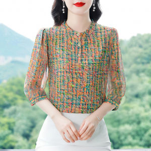 DAIXIANGFEIZI | Floral Chiffon Womens Shirt Mom Stylish Loose 3/4 Sleeve Blouse