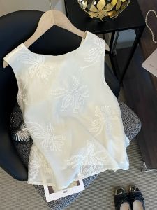 PAIBOLI | Beach Vacation Womens Sleeveless Vest Shirt Large Size Apricot Color French Unique Beautiful Design Summer Casual High Waist Loose Fit