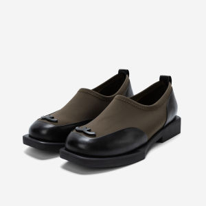 Q.VONTON | Waxed Leather Patchwork Loafer Shoe Women Square Heel