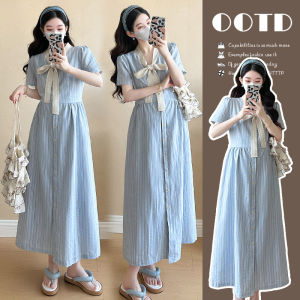 XIXIJIA | Đầm Mang Thai Kiểu Dáng Thon Gọn Có Dây Nơ Và Họa Tiết Sọc V-Neck