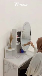 Trenz Furniture - Meja Rias Marble Kaca Sliding Geser Meja Kosmetik dengan Laci Rak Matkens Athena SLD