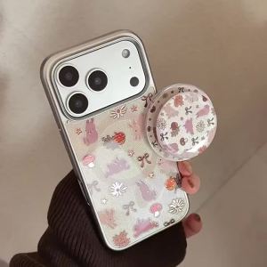 Korean Plating Cartoon Bowknot Rabbit Magnetic Bracket Phone Case For iPhone 17 Air 16 15 14 13 12 Pro Max Shockproof Hard Cover