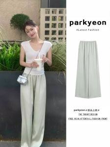 กางเกงขายาวทรงหลวมเอวสูงผ้าซาตินอะซิเตทสีเขียวมิ้นต์สำหรับผู้หญิงในช่วงฤดูร้อน กางเกงขายาวทรงตรงบางสบาย ๆ ผ้าไหมน้ำแข็ง
