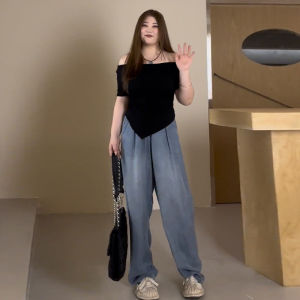 plus Size Black Asymmetrical T-Shirt Women Summer Short Sleeve Slimming Fitted Shortie One Shoulder Spicy Girl Top Korean Style