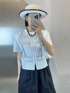 Elegant White Short Sleeve Shirt Womens Fashion Slim Fit Pleated Summer New Style Korean Version round Neck Zipper Closure Top