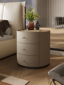 Luxurious Small Home Solid Wood Saddle Leather Round Nightstand
