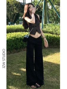 American Style Low Waist Bell Bottom Suit Pants Womens Black Slimming Casual Jeans Cotton Stretch Denim Zipper Closure