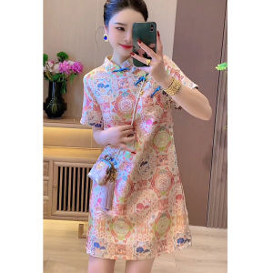 New Chinese Style National Trend Improved Elegant Cheongsam Dress Women Summer New Short Sleeve Floral Print Button Dress