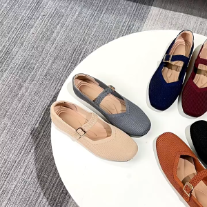 Women’s Black Square Toe Flats – Classic Japanese Woven Knitted Anti-Slip Large Size