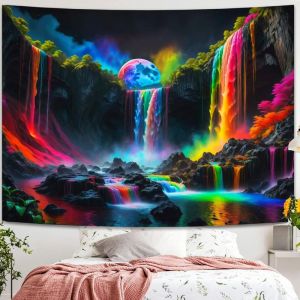 VIKAMA Rainbow Waterfall Canyon Moon Blacklight Tấm Thảm UV Phản Ứng Trippy Treo Tường Trang Trí Nhà Polyester Mềm Mại Bền Đẹp